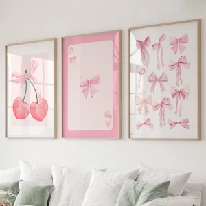 3pcs Trendy Watercolor Pink Blue Bows College Apartment Girly Wall Art Prints Canvas Painting Poster Living Room Home Decor